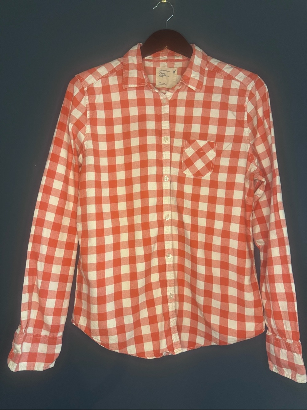 American Eagle Outfitters Orange Plaid Button Down Dress Shirt Boys 16 XL